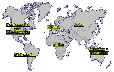 Weltkarte mit Nordamerika, Mittelamerika, S&uuml;damerika, Europa, Asien, Afrika, Ozeanien und Australien